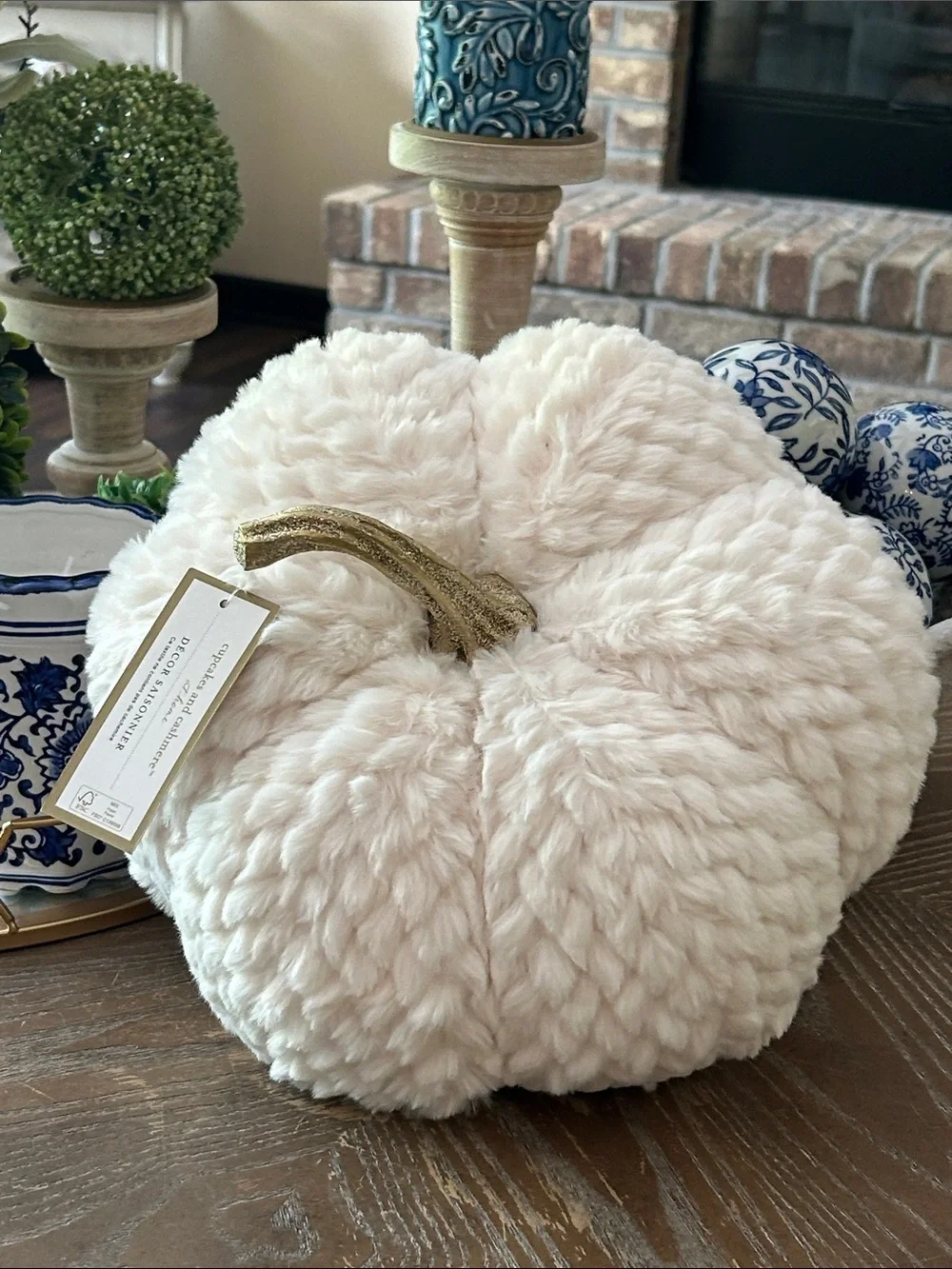 NEW! Shabby Chic Faux Fur Fall Harvest Creamy White Pumpkin Pillow & Gold Stem
